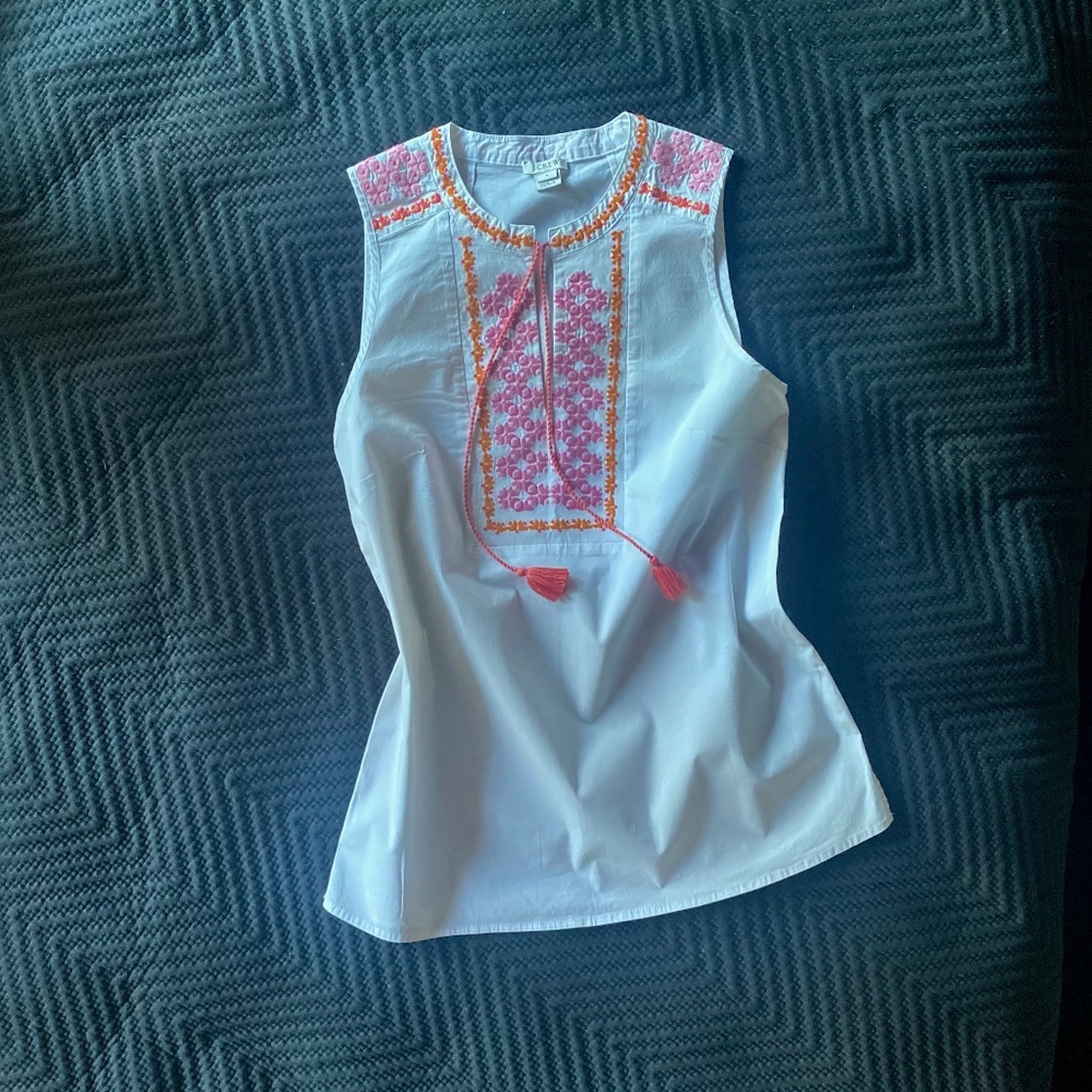 J Crew Blouse Sleeveless Embroidered Sz 4 White Cotton Boho Peasant Cottagecore